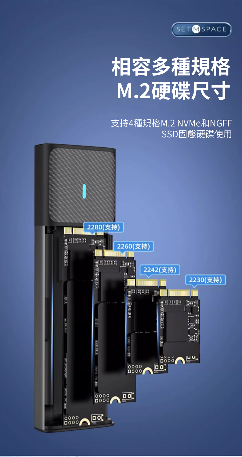 SETMSPACE相容多種規格M2硬碟尺寸支持4種規格M.2 NVMe和NGFFSSD固態硬碟使用2280(支持)2260(支持)2242(支持).2230(支持)