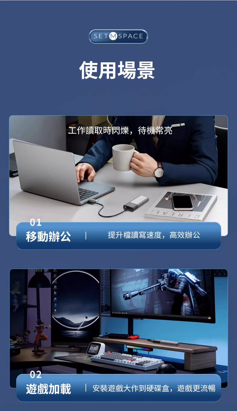 SETMSPACE使用場景工作讀取時閃爍,待機常亮01移動辦公提升檔讀寫速度,高效辦公 02遊戲加載 安裝遊戲大作到硬碟盒,遊戲更流暢