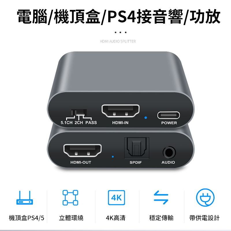 電腦/機頂盒/PS4接音響/功放5.1CH2CH PASSHDMI AUDIO SPLITTERHDMI-INPOWERHDMI-OUTSPDIFAUDIO4KD機頂盒PS4/5立體環繞4K高清穩定傳輸帶供電設計