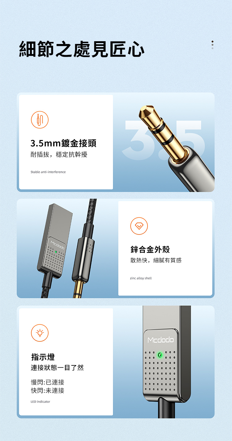 細節之處見匠心.5mm鍍金接頭耐插拔,穩定抗幹擾3Stable anti-interference鋅合金外殼散熱快,細膩有質感指示燈連接狀態一目了然慢閃:已連接快閃:未連接LED indicatorzinc alloy shellMcdodo
