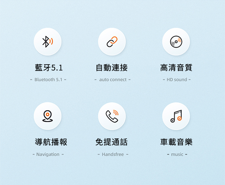 藍牙5.1Bluetooth 5.1 自動連接高清音質auto connect  HD sound 導航播報免提通話車載音樂 Navigation  Handsfree - music-
