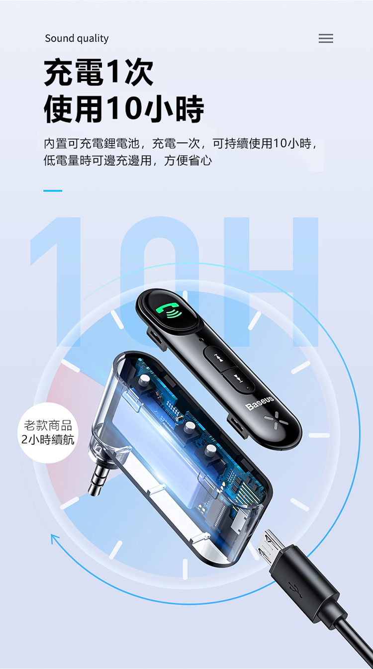 quality充電1次使用10小時內置可充電鋰電池,充電一次,可持續使用10小時,低電量時可邊充邊用,方便省心老款商品2 小時續航Baseus