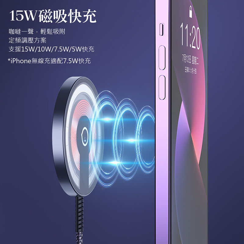 15W磁吸快充咖噠一聲輕鬆吸附定頻調壓方案支援15W/10W/7.5W/5W快充*iPhone無線充適配7.5W快充7月12日