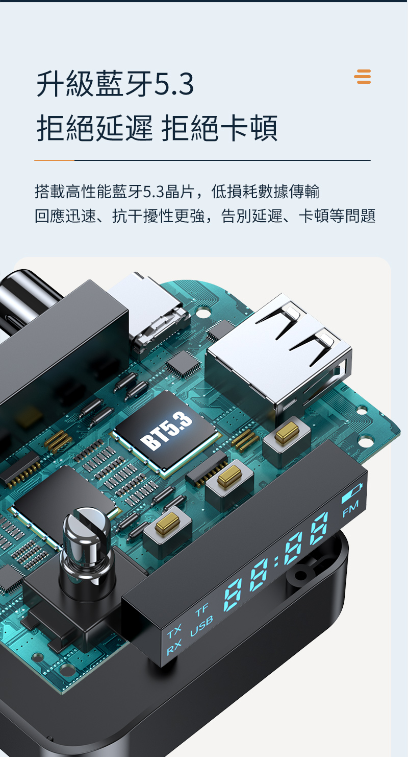 TXRX USB升級藍牙5.3拒絕延遲 拒絕卡頓搭載高性能藍牙5.3晶片,低損耗數據傳輸=回應迅速、抗干擾性更強,告別延遲、卡頓等問題BT5.3FM