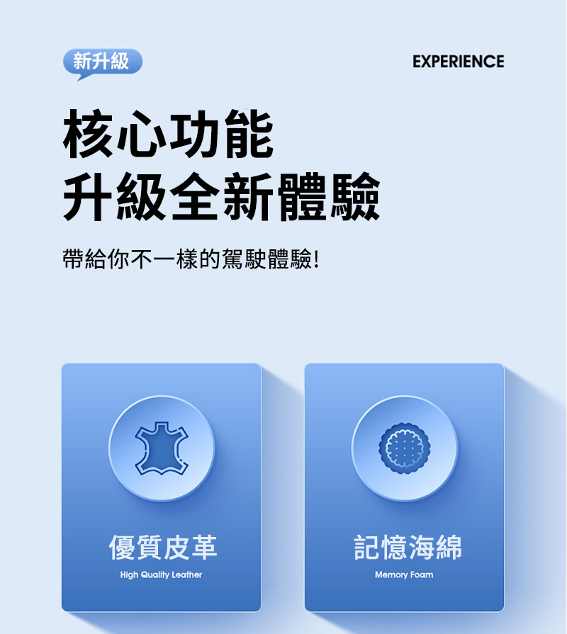 新升級核心功能升級全新體驗帶給你不一樣的駕駛體驗!EXPERIENCE優質皮革記憶海綿High Quality LeatherMemory Foam