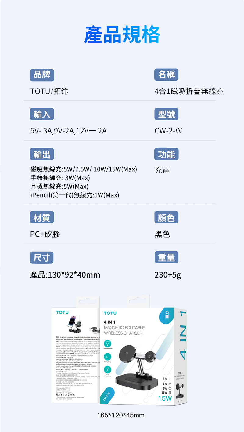 產品規格品牌TOTU/拓途輸入5V3A9V2A12V– 2A名稱4合1磁吸折疊無線充型號CW-2-W輸出功能磁吸無線充:5W/7.5W/10W/15W(Max)手錶無線充:3W(Max)充電耳機無線充:5W(Max)iPencil(第一代)無線充:1W(Max)材質PC+矽膠顏色黑色尺寸產品:130*92*40mm230+TOTU  a --one  evice   dwatches, , and   generTOTU4 IN 1MAGNETIC FODABLE CHARGER   LCW-2-W165*120*45mm15W4 IN 1