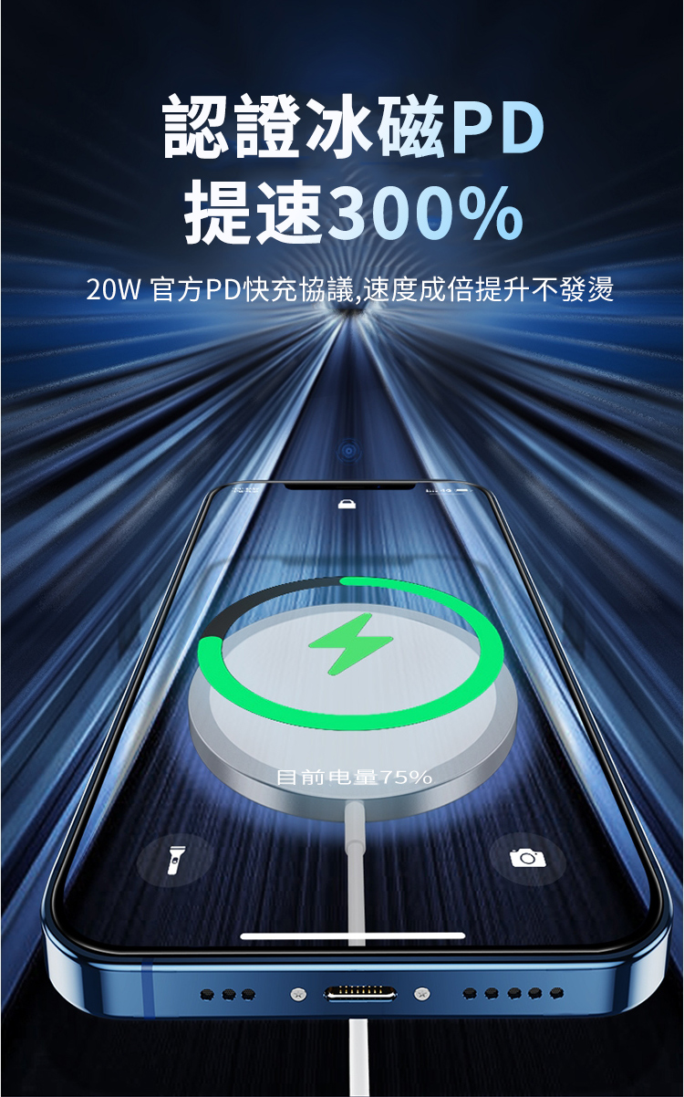 認證冰磁PD提速300%20W 官方PD快充協議,速度成倍提升不發燙目前电量75%