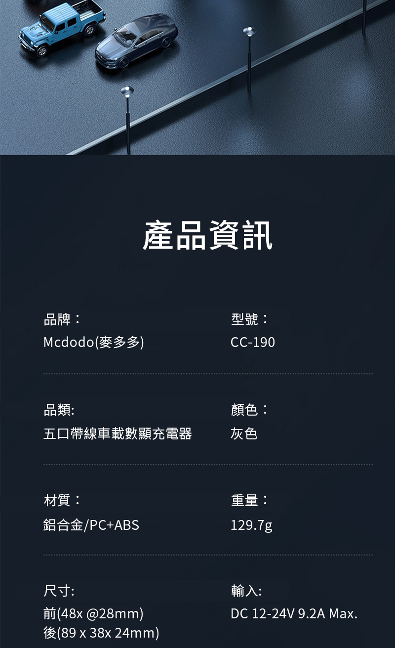 品牌:Mcdodo(麥多多產品資訊型號:CC-190品類:顏色:五口帶線車載數顯充電器灰色材質:重量:鋁合金/PC+ABS129.7g尺寸:前(48x@28mm)後(89 x 38x 24mm)輸入:DC 12-24V 9.2A Max.