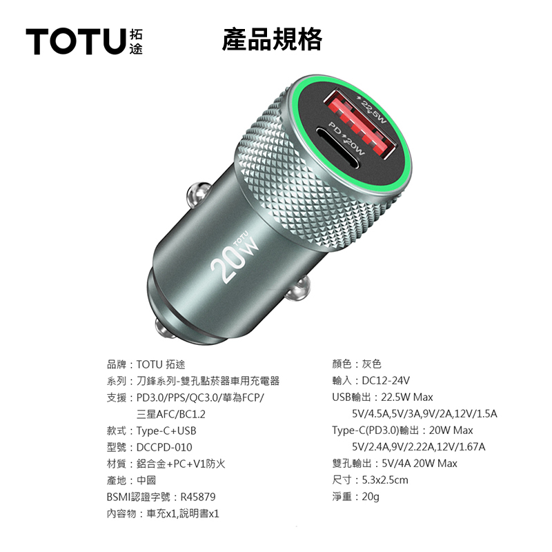 TOTU拓產品規格途TOTU+225WPD+20W品牌:TOTU 拓途系列:刀鋒系列-雙孔點菸器車用充電器支援:PD3.0/PPS/QC3.0/華為FCP/三星AFC/BC1.2款式:Type-C+USB型號:DCCPD-010材質:鋁合金+PC+V1防火產地:中國BSMI認證字號:R45879內容物:車充x1,說明書x1顏色:灰色輸入:DC12-24VUSB輸出:22.5W Max5V/4.5A,5V/3A,9V/2A,12V/1.5AType-C(PD3.0)輸出:20W Max5V/2.4A,9V/2.22A,12V/1.67A雙孔輸出:5V/4A 20W Max尺寸:5.3x2.5cm淨重:20gp