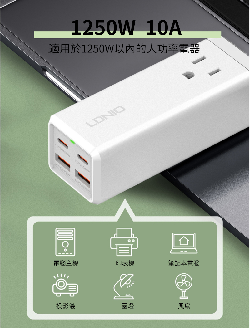 1250W 10A適用於1250W以內的大功率電器LDNIO電腦主機印表機筆記本電腦投影儀臺燈風扇