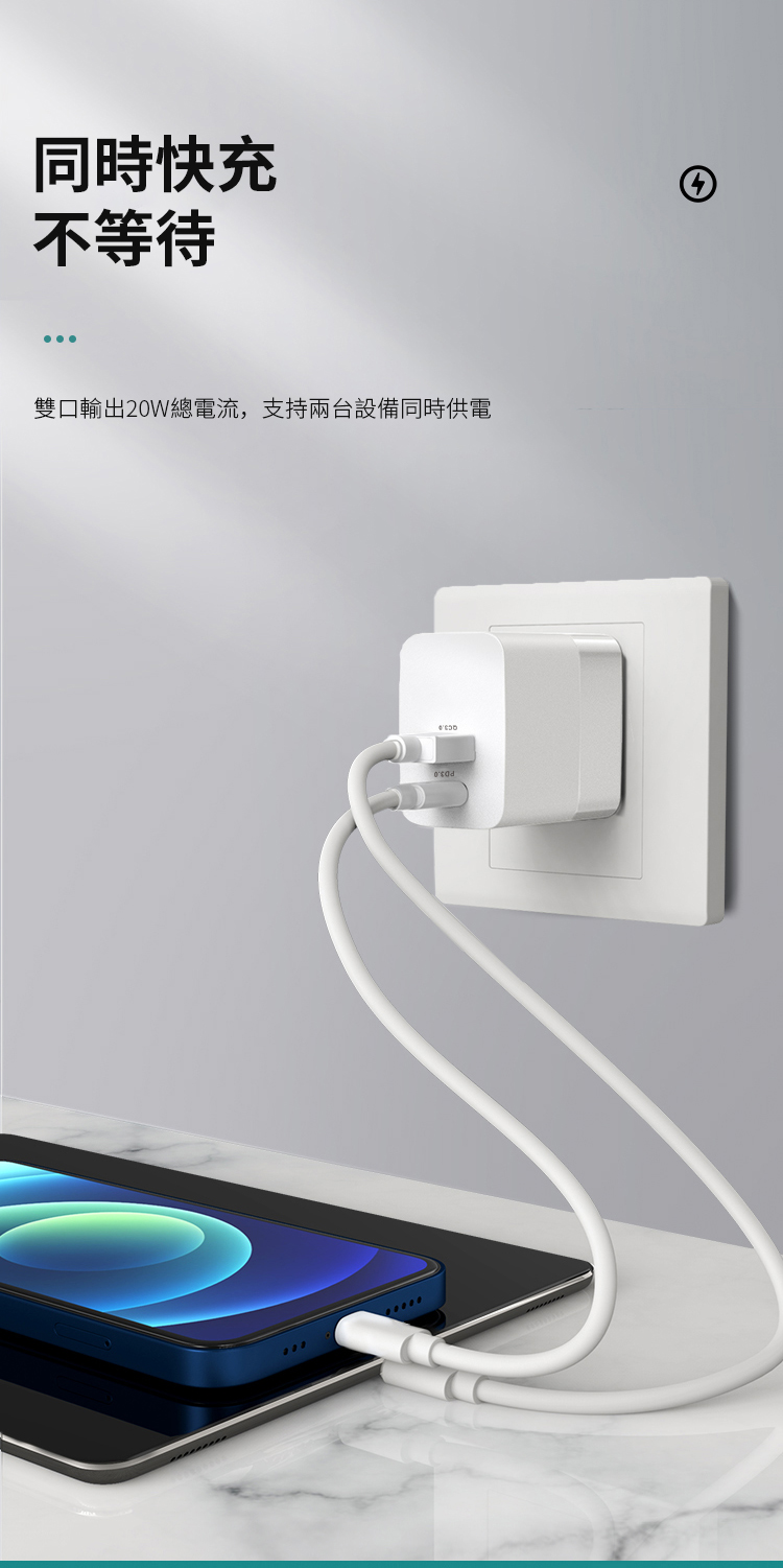 同時快充不等待雙口輸出20W總電流,支持兩台設備同時供電