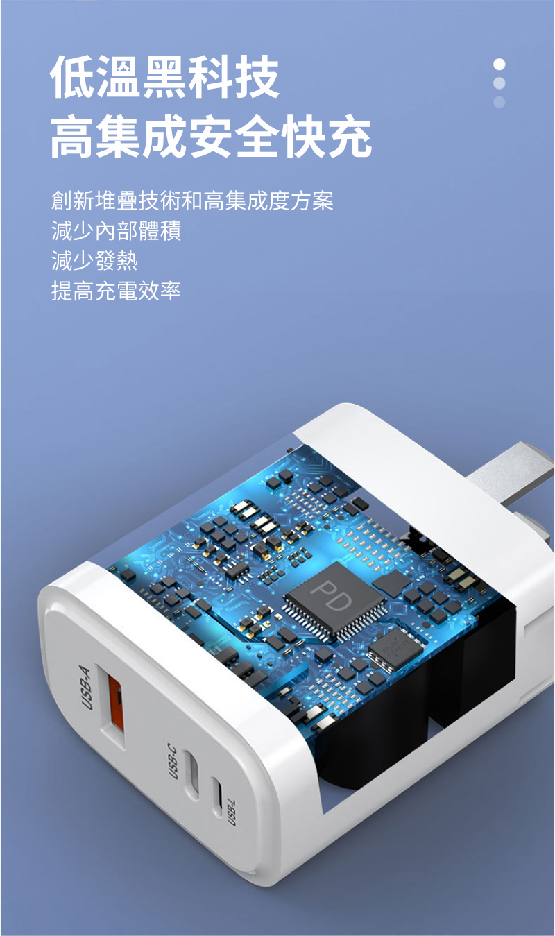 USB-A低溫黑科技高集成安全快充創新堆疊技術和高集成度方案減少內部體積減少發熱提高充電效率PD