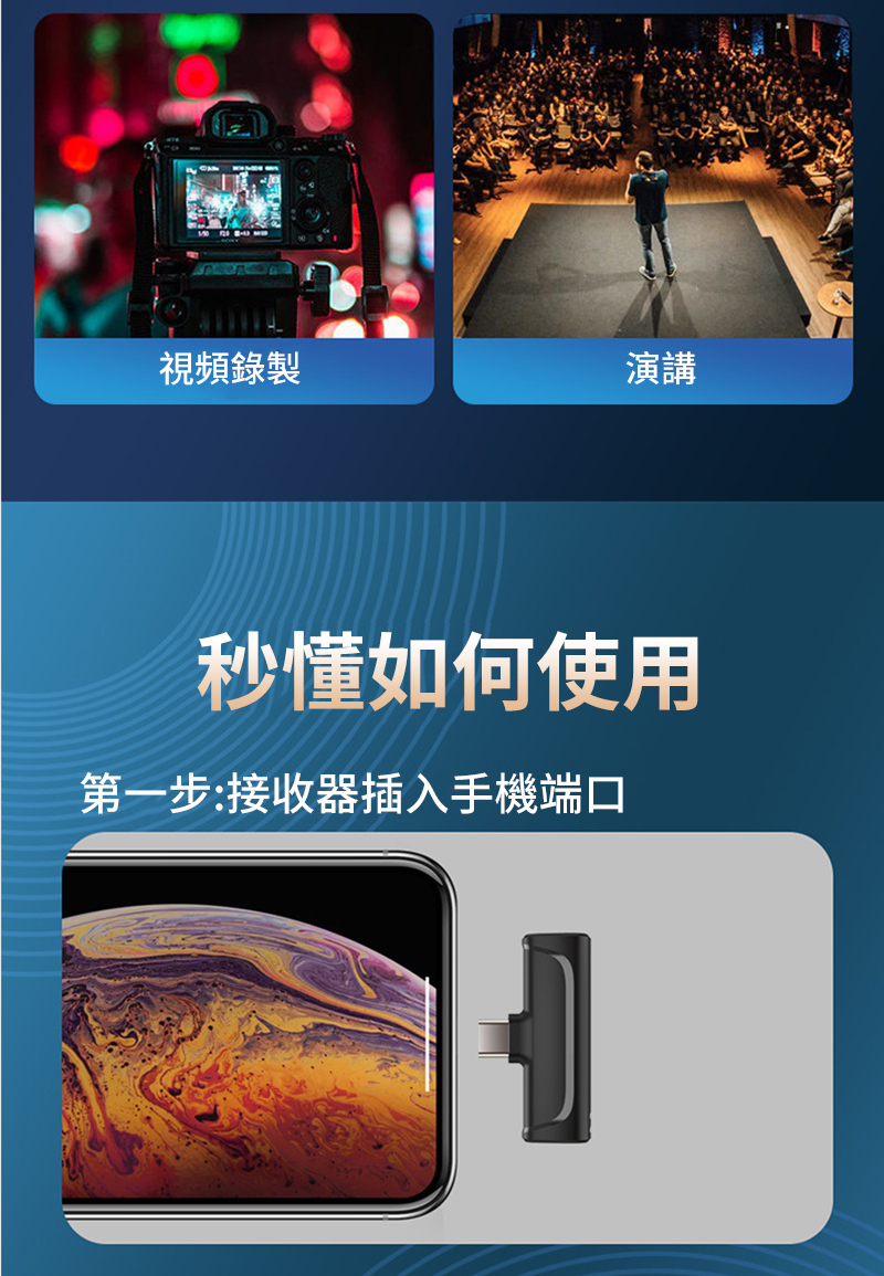 視頻錄製演講秒懂如何使用第一步:接收器插入手機端口