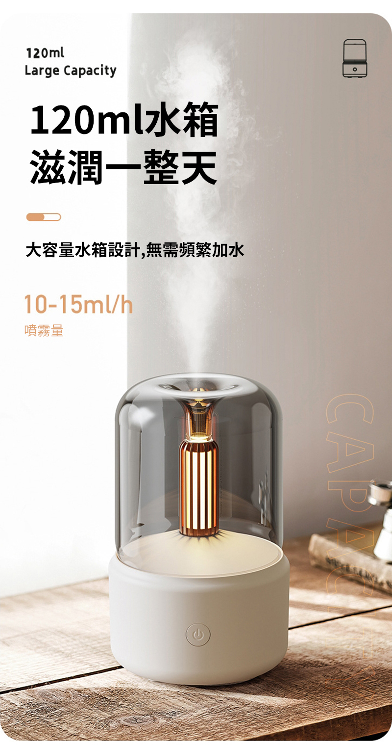 120mlLarge Capacity120ml水箱滋潤一整天大容量水箱設計,無需頻繁加水10-15ml/h噴霧量