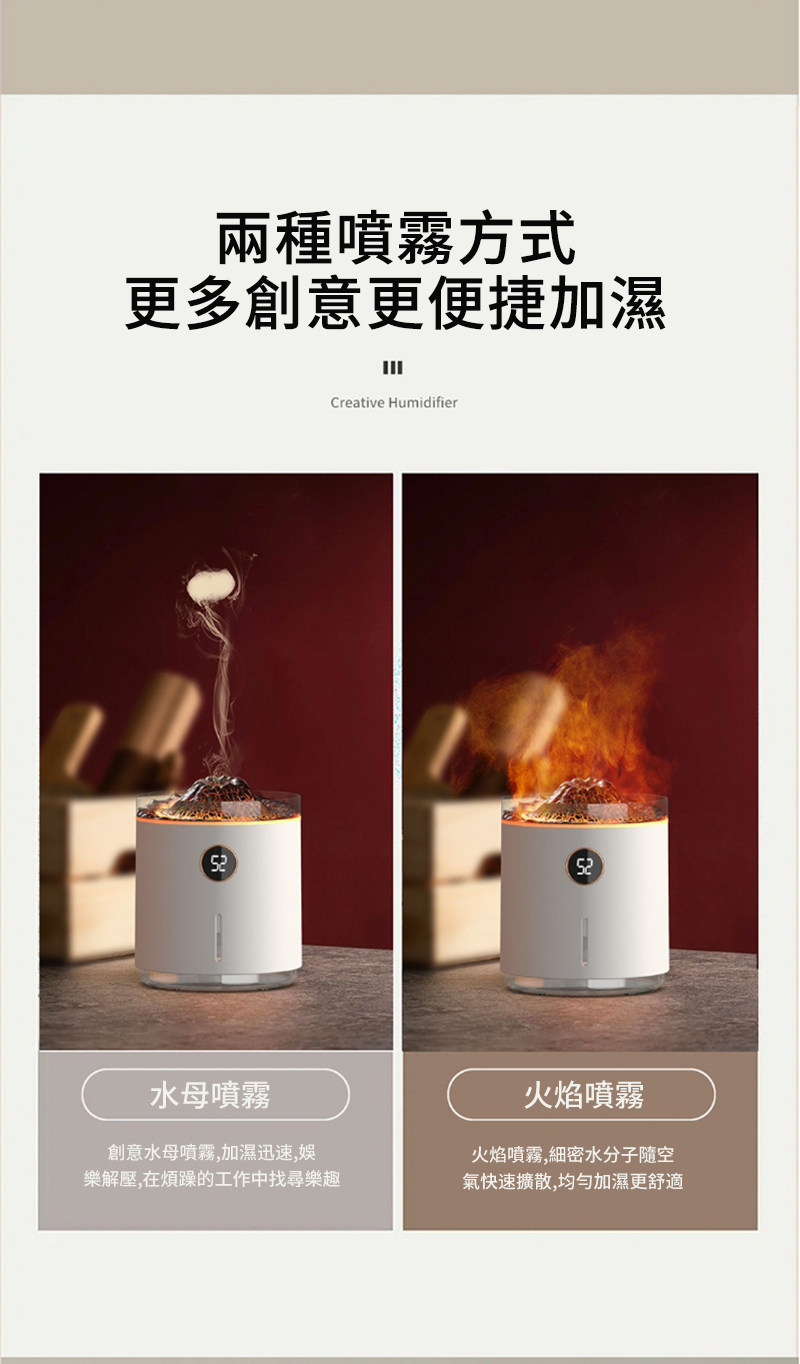 兩種噴霧方式更多創意更便捷加濕Creative Humidifier水母噴霧創意水母噴霧,加濕迅速,娛樂解壓,在煩躁的工作中找尋樂趣火焰噴霧火焰噴霧,細密水分子隨空氣快速擴散,均勻加濕更舒適