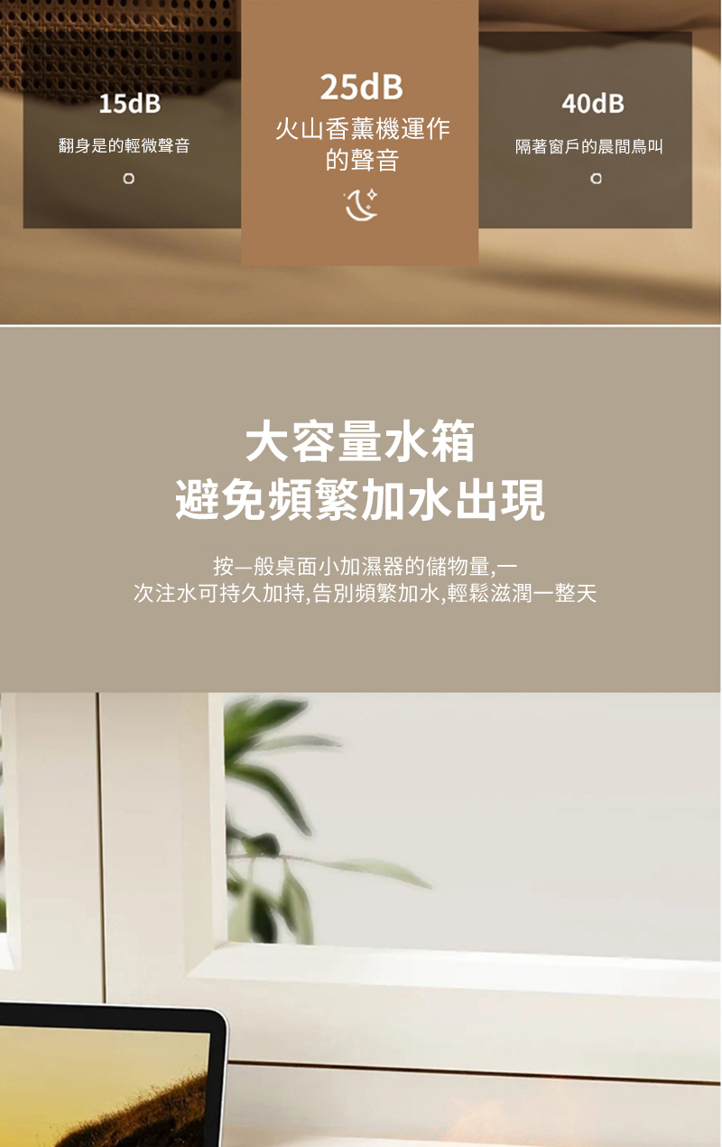 15dB25dB40dB翻身是的輕微聲音火山機運作的聲音隔著窗戶的晨間鳥叫大容量水箱避免頻繁加水出現按一般桌面小加濕器的儲物量,一次注水可持久加持,告別頻繁加水,輕鬆滋潤一整天