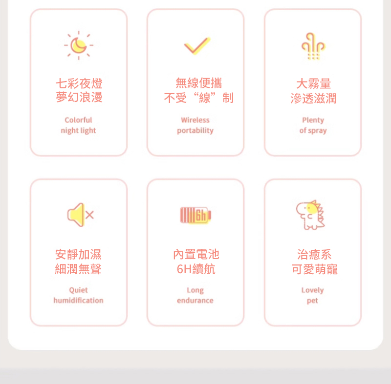 七彩夜燈無線便攜夢幻浪漫不受“線”制Colorfulnight lightWirelessportability安靜加濕內置電池細潤無聲Quiethumidification6H續航Longendurance大霧量滲透滋潤Plentyof spray治癒系可愛萌寵Lovelypet