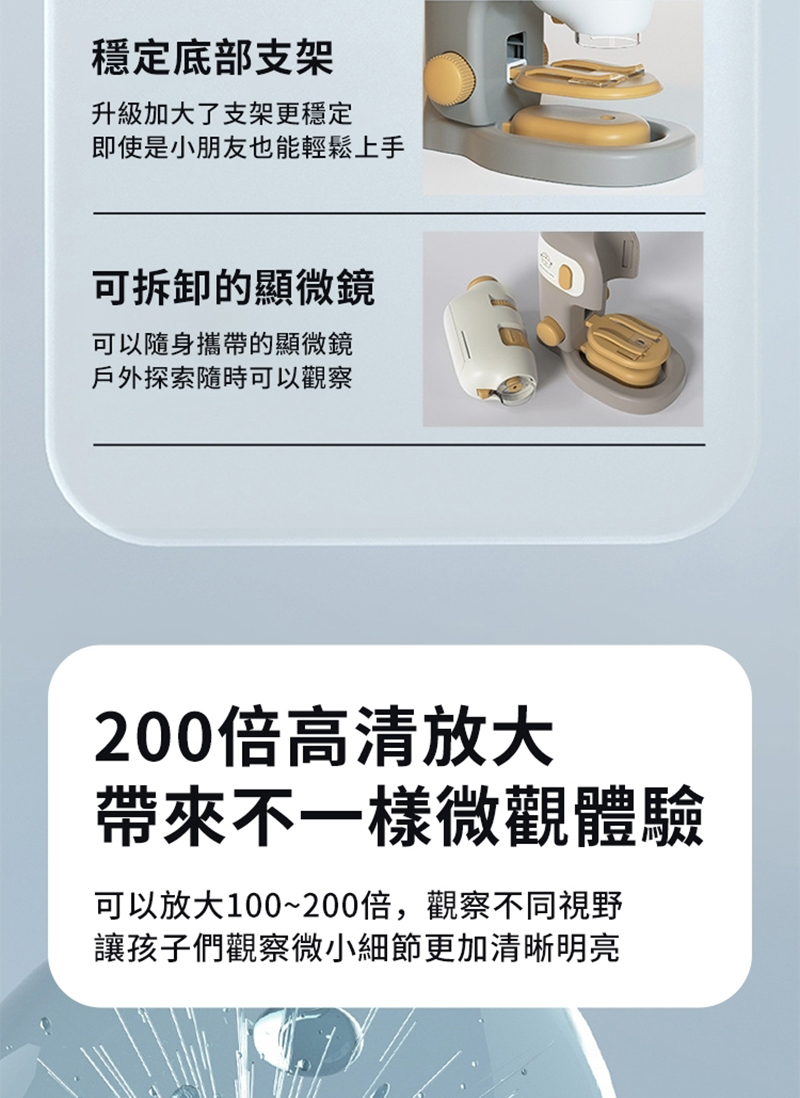 穩定底部支架升級加大了支架更穩定即使是小朋友也能輕鬆上手可拆卸的顯微鏡可以隨身攜帶的顯微鏡戶外探索隨時可以觀察200倍高清放大帶來不一樣微觀體驗可以放大100~200倍,觀察不同視野讓孩子們觀察微小細節更加清晰明亮