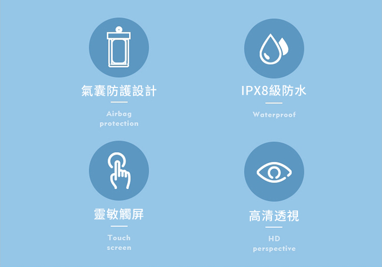 氣囊防護設計AirbagprotectionIPX8級防水Waterproof靈敏觸屏Touchscreen高清透視HDperspective