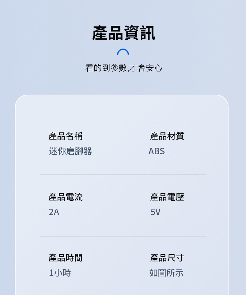 產品資訊看的到參數,才會安心產品名稱產品材質迷你磨腳器ABS產品電流2A產品電壓5V產品時間產品尺寸1小時如圖所示