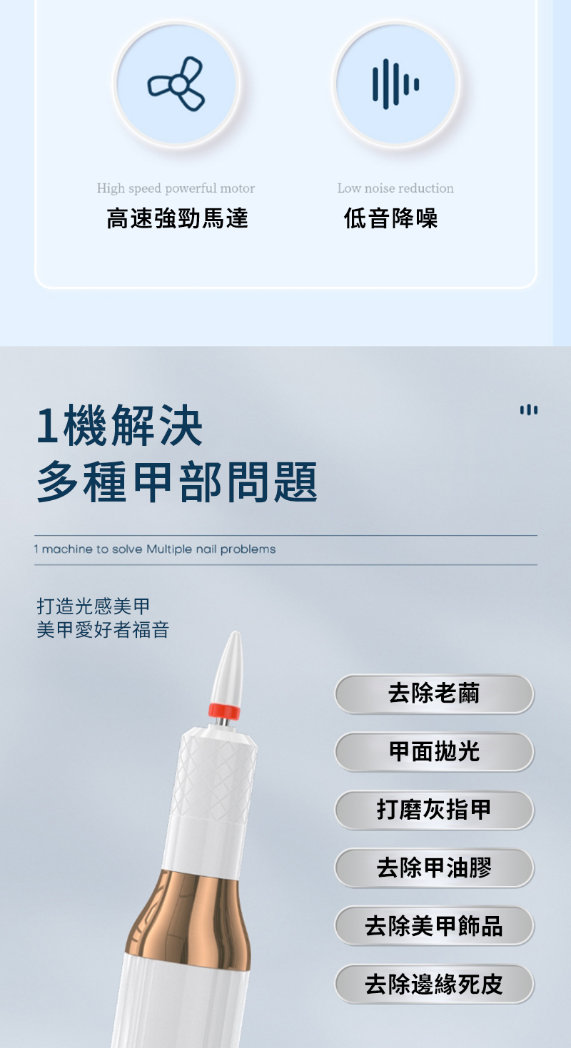 High speed powerful motor高速強勁馬達Low noise reduction低音降噪1機解決多種甲部問題1 machine to solve Multiple nail problems打造光感美甲美甲愛好者福音去除老繭甲面拋光打磨灰指甲去除甲油膠去除美甲飾品去除邊緣死皮