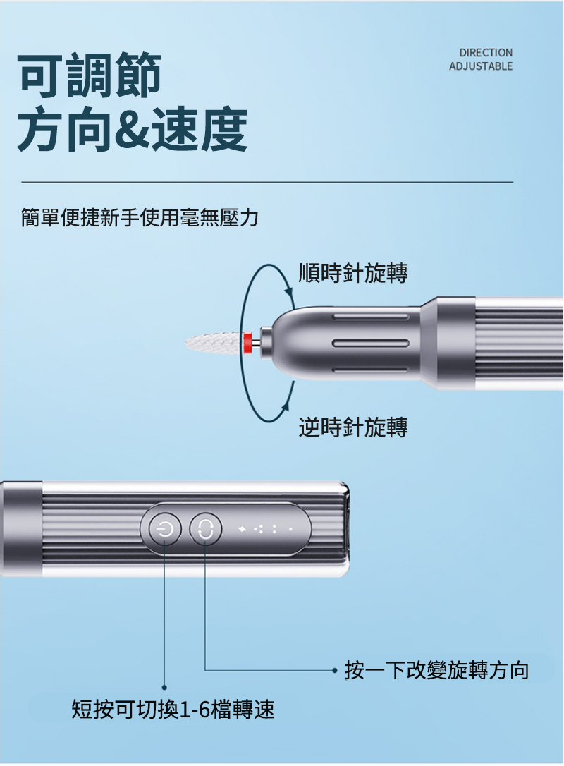 可調節方向&速度簡單便捷新手使用毫無壓力順時針旋轉=逆時針旋轉DIRECTIONADJUSTABLE短按可切換1-6檔轉速·按一下改變旋轉方向