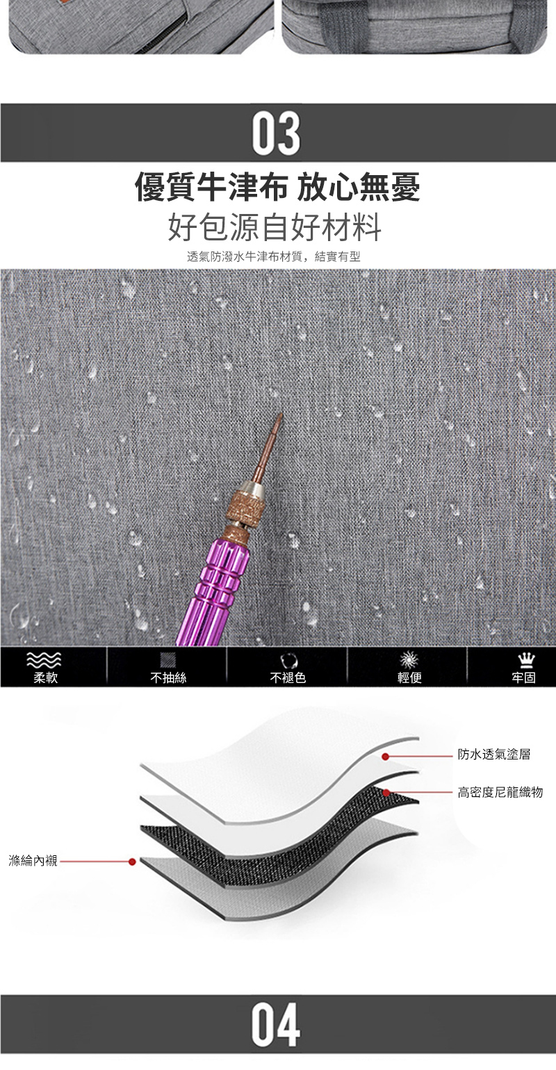 03優質牛津布 放心無憂好包源自好材料透氣防潑水牛津布材質,結實有型柔軟不抽絲不褪色輕便牢固滌綸內襯04防水透氣塗層高密度尼龍織物