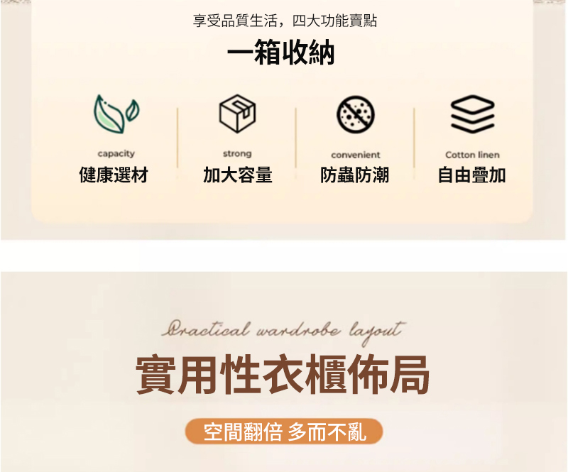 享受品質生活,四大功能賣點一箱收納capacitystrongconvenientCotton linen健康選材加大容量防蟲防潮自由疊加 wardrobe layout實用性衣櫃佈局空間翻倍 多而不亂