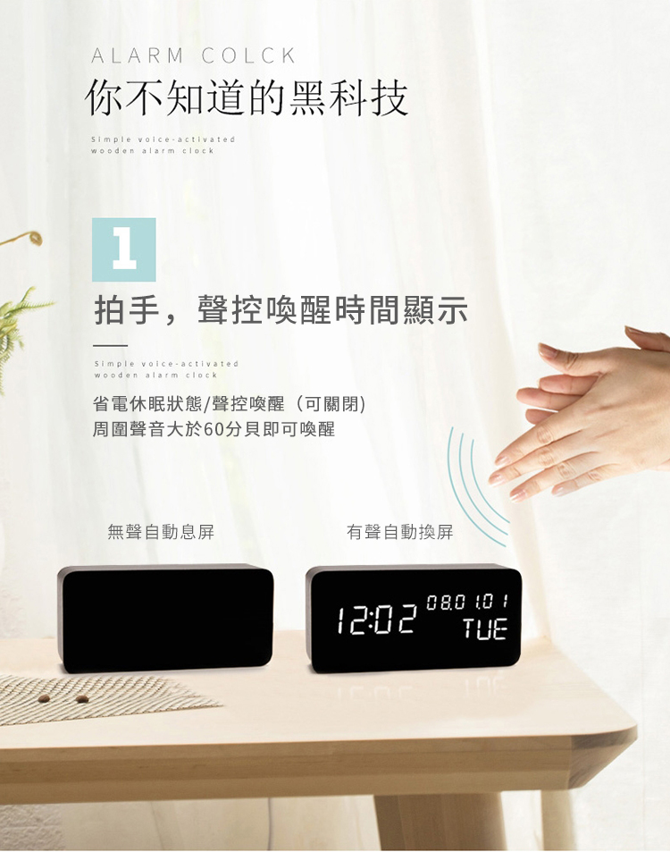 ALARM COLCK你不知道的黑科技Simple voiceactivatedwooden alarm clock1拍手,聲控喚醒時間顯示Simple voiceactivatedwooden alarm clock省電休眠狀態/聲控喚醒(可關閉)周圍聲音大於60分貝即可喚醒無聲自動息屏有聲自動換屏080 TUE