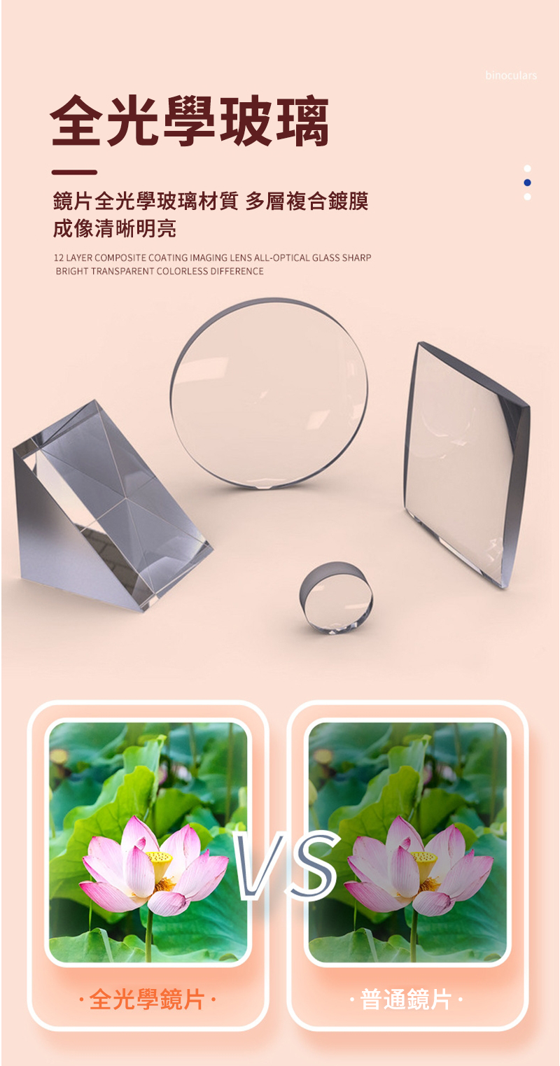 全光學玻璃鏡片全光學玻璃材質 多層複合鍍膜成像清晰明亮12 LAYER OMPOSITE COATING IMAGING LENS ALL-OPTICAL GLASS SHARPBRIGHT TRANSPARENT COLORLESS DIFFERENCEC全光學鏡片·普通鏡片binoculars