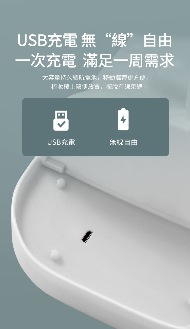 USB充電無“線”自由一次充電 滿足一周需求大容量持久續航電池,移動攜帶更方便,梳妝檯上隨便放置,擺脫有線束縛USB充電無線自由