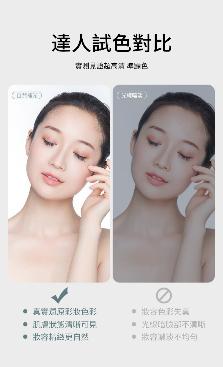 自然補光達人試色對比實測見證超高清 準顯色光線暗淡真實還原彩妝色彩肌膚狀態清晰可見妝容精緻更自然妝容色彩失真光線暗臉部不清晰 妝容濃淡不均勻