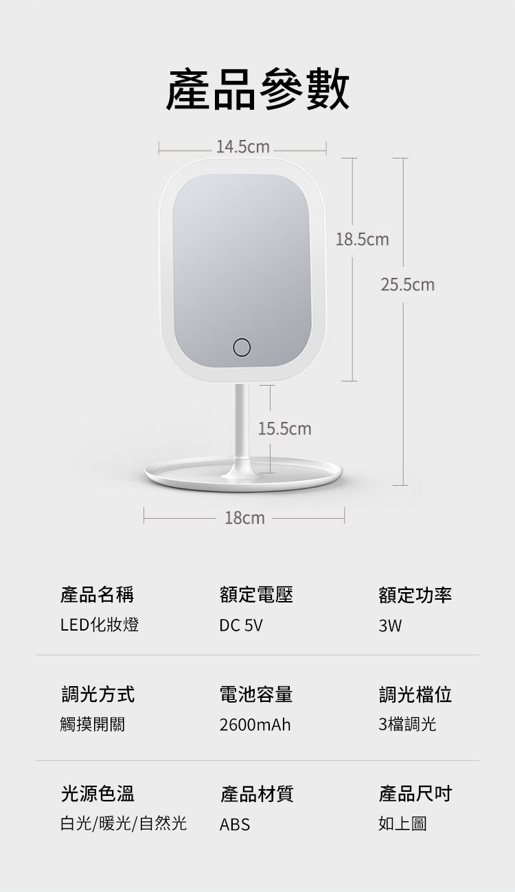產品參數145cm.18cm15.5cm18.5cm25.5cm產品名稱額定電壓額定功率LED化妝燈DC 5V3W調光方式電池容量調光檔位觸摸開關2600mAh3檔調光光源色溫產品材質產品白光/暖光/自然光ABS如上圖