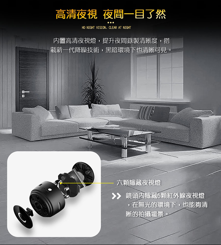 高清夜視 夜間一目了然HD NIGHT VISION. CLEAR AT NIGHT内置高清夜視燈,提升夜間錄製清晰度,搭載新一代降噪技術,黑暗環境下也清晰可見。六顆隱藏夜視燈 鏡頭隱藏6顆紅外線夜視燈,在無光的環境下,也能夠清晰的拍攝場景。