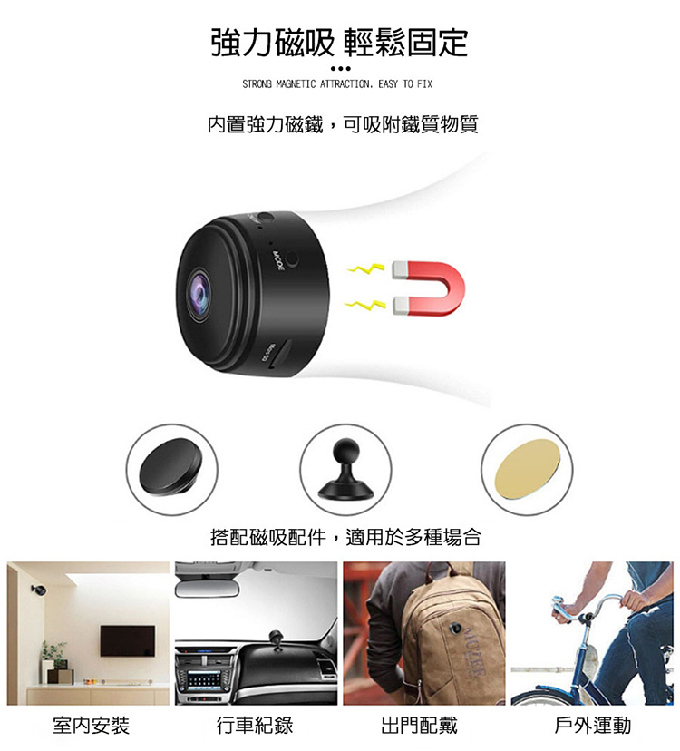 強力磁吸 輕鬆固定STRONG MAGNETIC ATTRACTION EASY TO FIX内置強力磁鐵,可吸附鐵質物質MODE 搭配磁吸配件,適用於多種場合室内行車紀錄出門配戴戶外運動