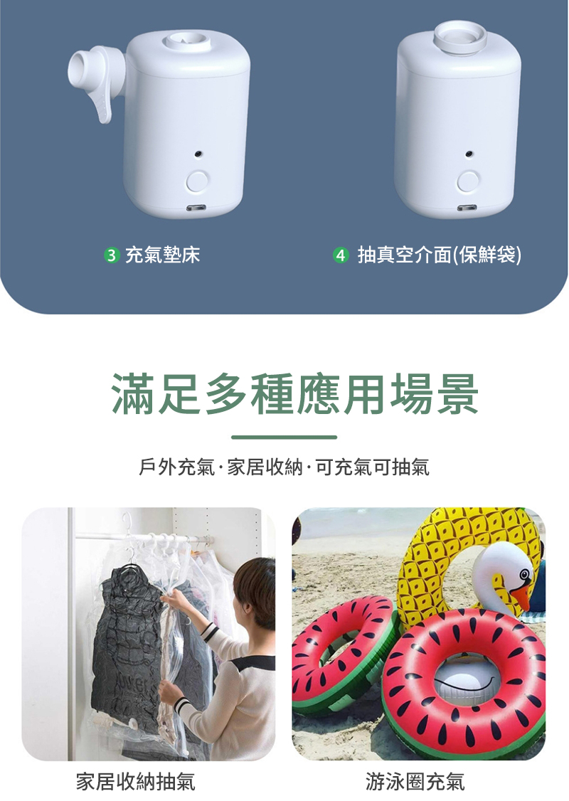 3 充氣墊床4 抽真空介面(保鮮袋)滿足多種應用場景戶外充氣家居收納&middot;可充氣可抽氣家居收納抽氣游泳圈充氣