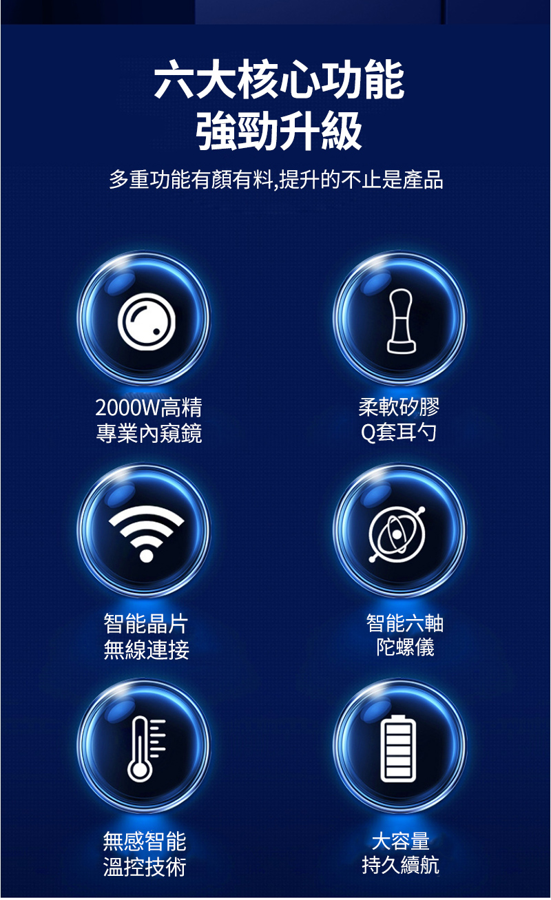 六大核心功能強勁升級多重功能有顏有料,提升的不止是產品2000W高精柔軟矽膠專業內窺鏡智能晶片無線連接ויויוי無感智能溫控技術Q套耳勺智能六軸陀螺儀大容量持久續航