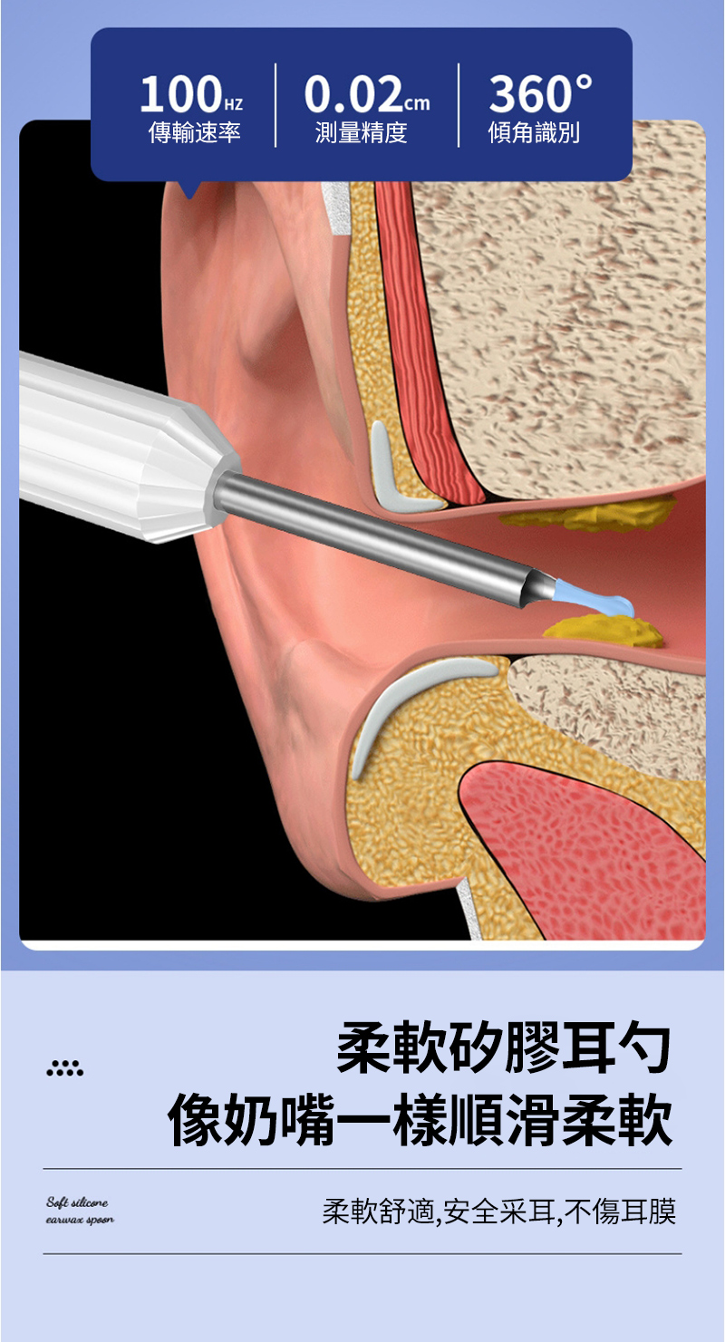 100HZ0.02cm 360傳輸速率測量精度傾角識別 siliconeearwax 柔軟矽膠耳勺像奶嘴一樣順滑柔軟柔軟舒適,安全采耳,不傷耳膜