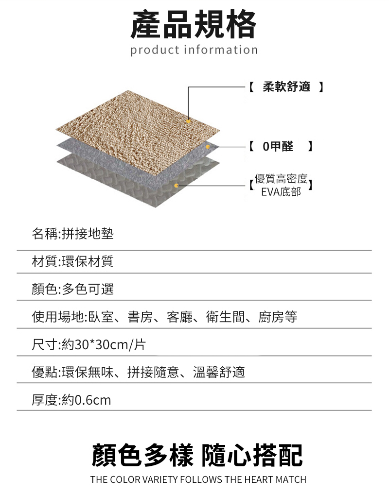 產品規格product information 柔軟舒適 【 0甲醛】優質高密度EVA底部名稱:拼接地墊材質:環保材質顏色:多色可選使用場地:臥室、書房、客廳、衛生間、廚房等尺寸:約30*30cm/片、約60*60cm/片優點:環保無味、拼接隨意、溫馨舒適厚度:約0.6cm/1.0cm顏色多樣 隨心搭配THE COLOR VARIETY FOLLOWS THE HEART MATCH