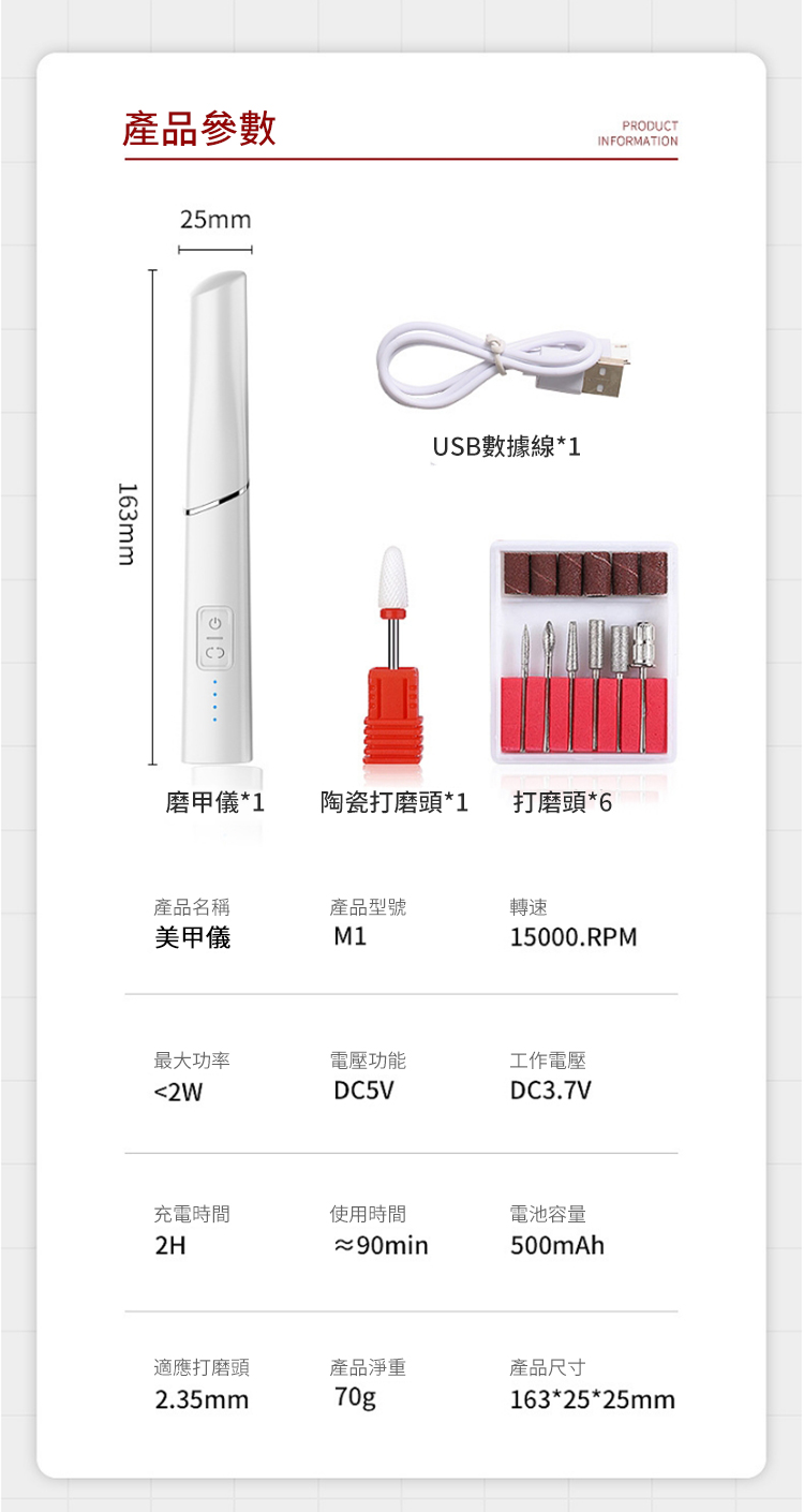 產品參數PRODUCTINFORMATION25mm163mmUSB數據線*1磨甲儀*1陶瓷打磨頭*1打磨頭*6產品名稱美甲儀產品型號M1轉速15000.RPM最大功率電壓功能工作電壓2WDC5VDC3.7V充電時間使用時間電池容量2H≈90min500mAh適應打磨頭產品淨重產品尺寸2.35mm70g163*25*25mm
