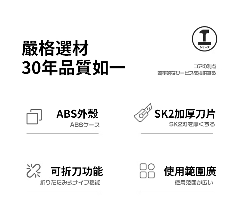 嚴格選材30年品質如一 ABS外殼ABSコアの利点効率的SK2加厚刀片SK2厚<可折刀功能使用範圍廣折りたたみ式ナイフ機能使用が広い