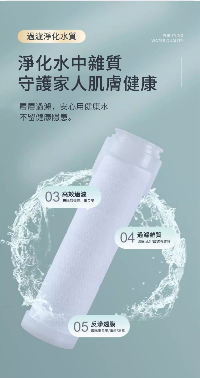 PURIFYINGWATER QUALITY過濾淨化水質淨化水中雜質守護家人肌膚健康層層過濾,安心用健康水不留健康隱患。03高效過濾去除無機物、重金屬04過濾雜質濾除泥沙/鐵銹雜質05 反滲透膜去除重金屬/細菌/病毒