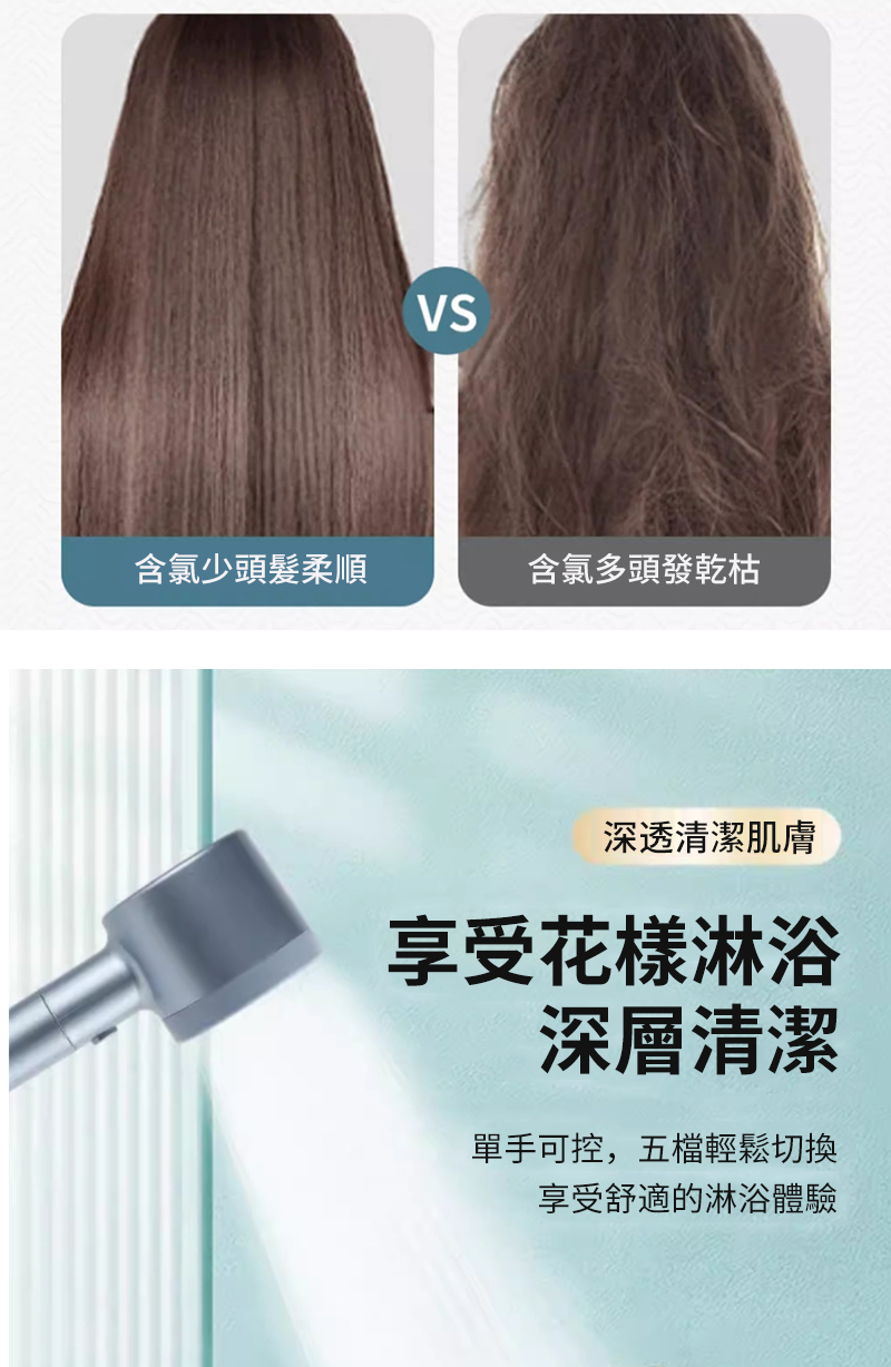 含氯少頭髮柔順含氯多頭發乾枯深透清潔肌膚享受花樣淋浴深層清潔單手可控,五檔輕鬆切換享受舒適的淋浴體驗