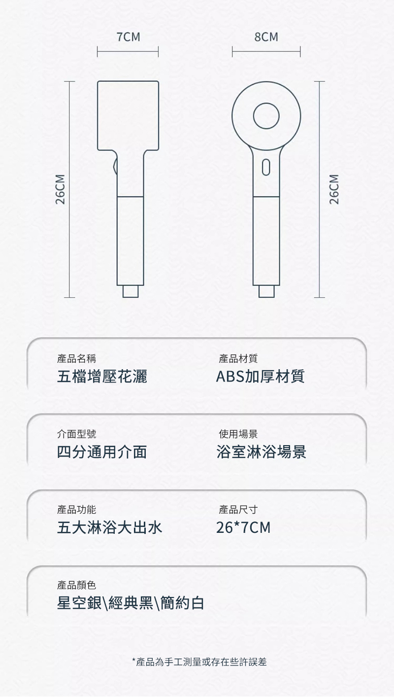 26CM產品名稱五檔增壓花灑介面型號7CM8CM0產品材質ABS加厚材質使用場景四分通用介面浴室淋浴場景產品功能產品尺寸五大淋浴大出水26*7CM產品顏色星空銀\經典黑\簡約白*產品為手工測量或存在些許誤差26CM
