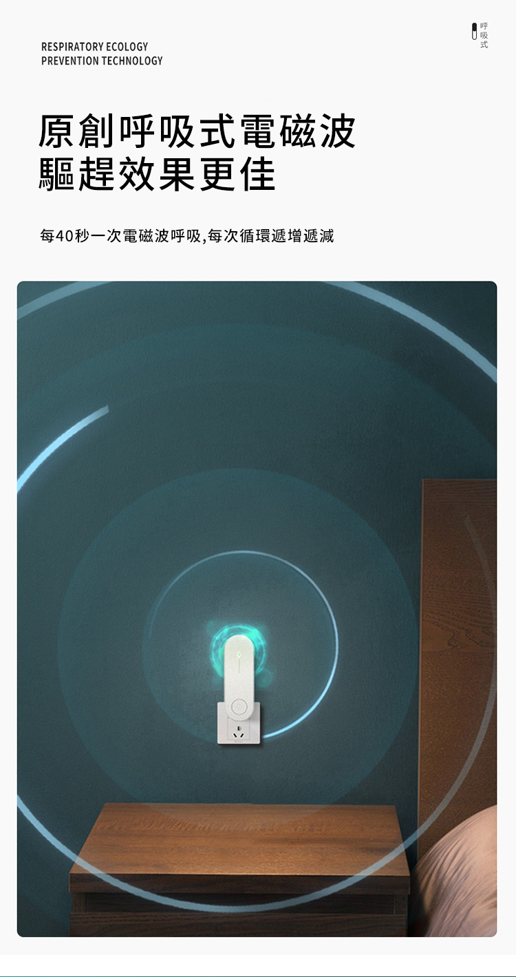 RESPIRATORY ECOLOGYPREVENTION TECHNOLOGY原創呼吸式電磁波驅趕效果更佳每40秒一次電磁波呼吸,每次循環遞增遞減呼吸