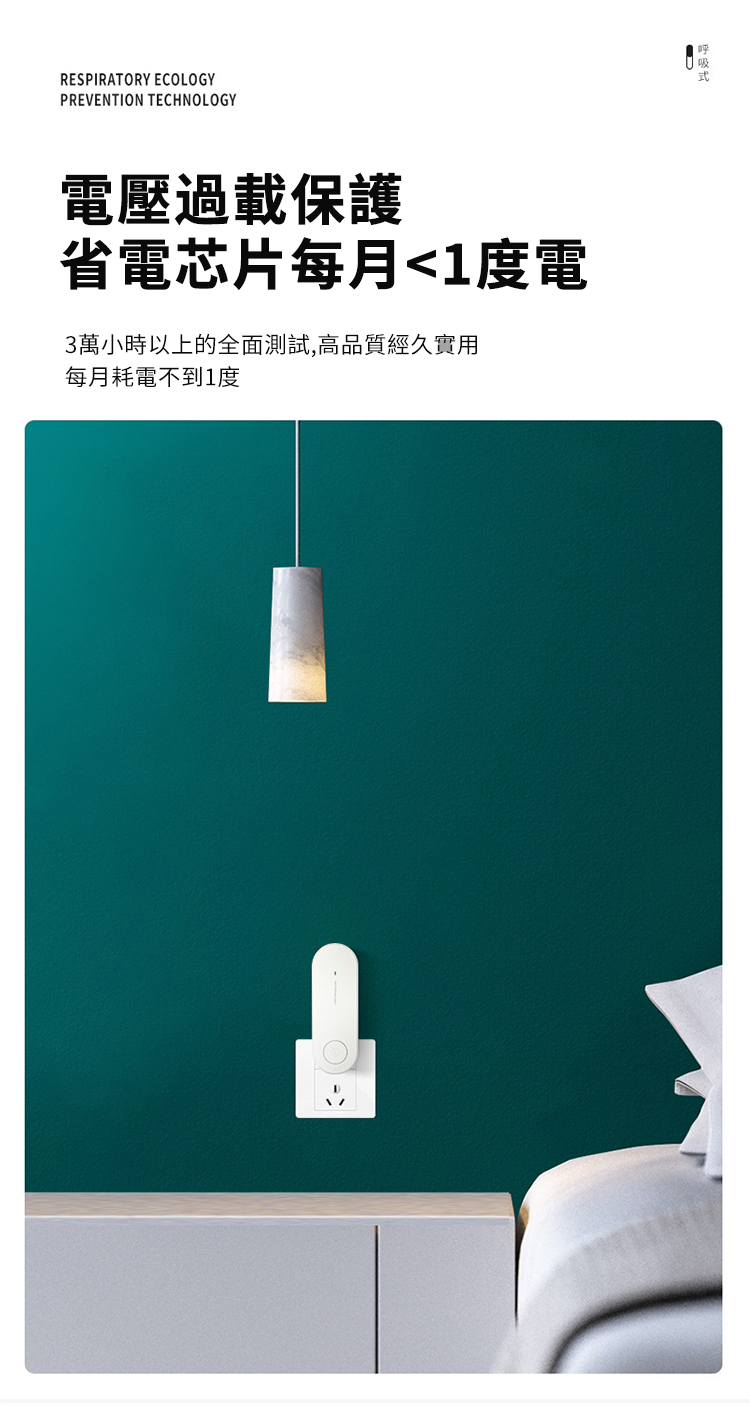 RESPIRATORY ECOLOGYPREVENTION TECHNOLOGY電壓過載保護省電芯片每月1度電3萬小時以上的全面測試,高品質經久實用每月耗電不到1度