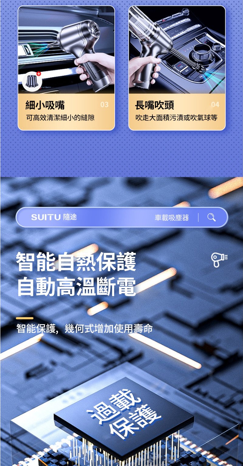 細小吸嘴03長嘴吹頭04可高效清潔細小的縫隙吹走大面積污漬或吹氣球等SUITU 途車載吸塵器 | Q智能自熱保護自動高溫斷電智能保護,幾何式增加使用壽命過載保護