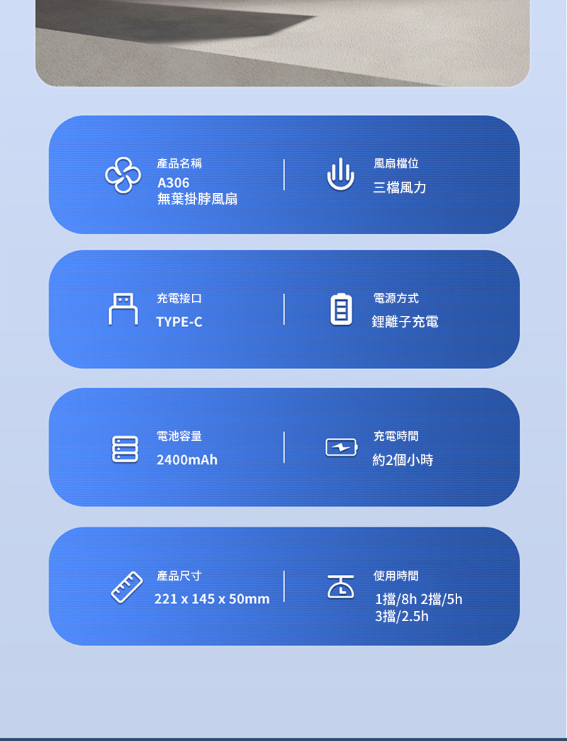 產品名稱A306無葉掛脖風扇風扇檔位三檔風力丹充電接口電源方式TYPE-C鋰離子充電電池容量2400mAh充電時間約2個小時產品尺寸221 x 145x50mm使用時間1/8h2擋/5h3擋/2.5h