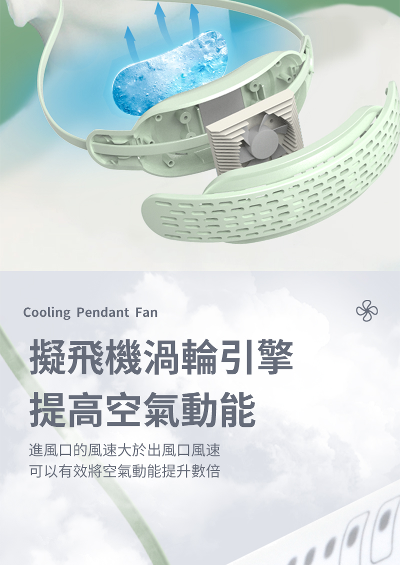 Cooling Pendant Fan擬飛機渦輪引擎提高空氣動能進風口的風速大於出風口風速可以有效將空氣動能提升數倍