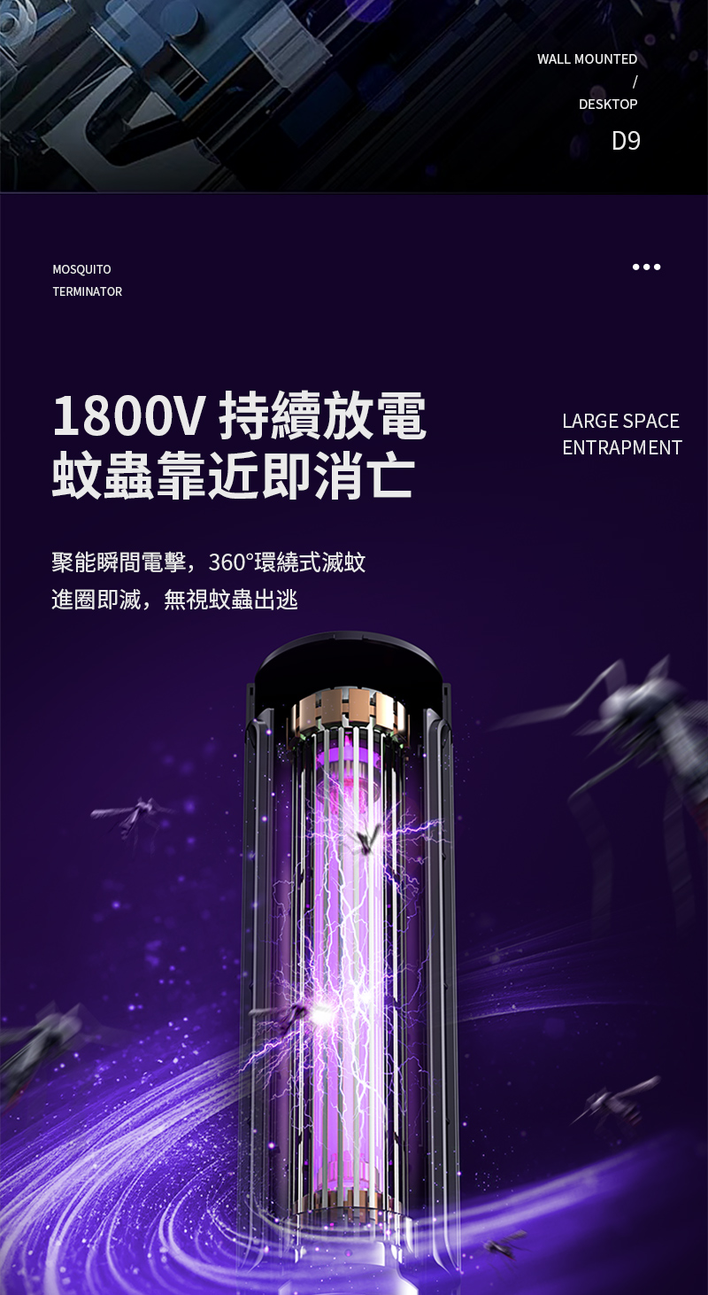 MOSQUTOTERMINATORWALL MOUNTEDIDESKTOPD91800V 持續放電蚊蟲靠近即消亡聚能瞬間電擊,360°環繞式滅蚊進圈即滅,無視蚊蟲出逃LARGE SPACEENTRAPMENT